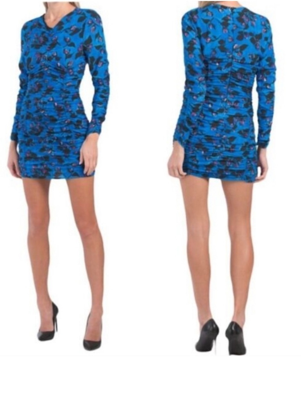 Zara Mini Dress Floral Ruched Long Sleeve Zipper Cuffs Blue Bodycon Size Small